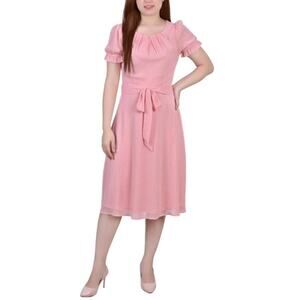 NY Collection Women's Short Sleeve Belted Swiss Dot Dress Size L